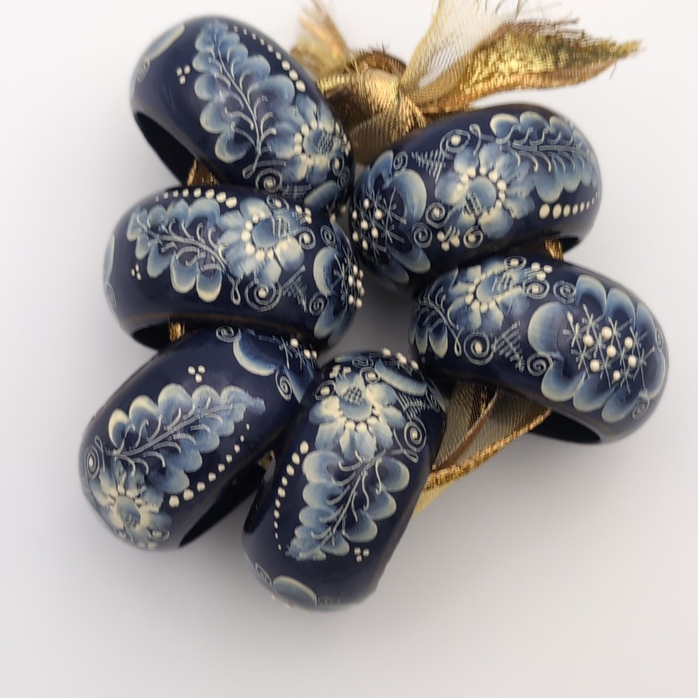 6 Vintage Russian Style Hand Painted Wood Napkin Rings Blue White Floral Bohemia